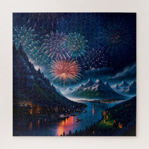 Twilight Mountain with Fireworks Jigsaw Puzzle