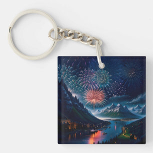 Twilight Mountain with Fireworks Key Ring