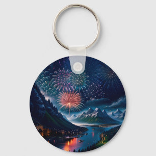 Twilight Mountain with Fireworks Key Ring