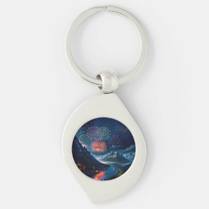Twilight Mountain with Fireworks Key Ring