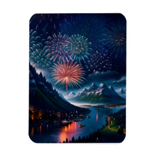 Twilight Mountain with Fireworks Magnet