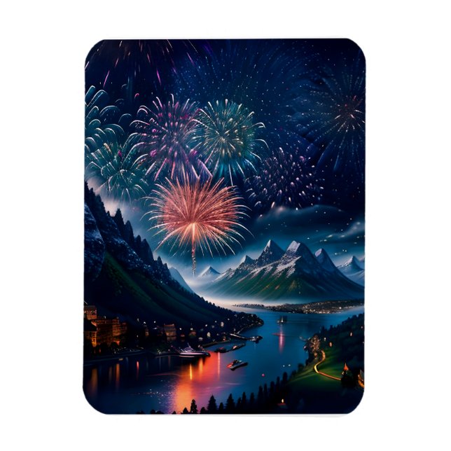 Twilight Mountain with Fireworks Magnet (Vertical)