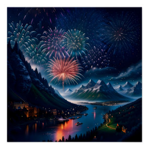 Twilight Mountain with Fireworks Poster