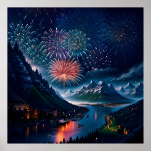 Twilight Mountain with Fireworks Poster