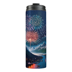 Twilight Mountain with Fireworks Thermal Tumbler
