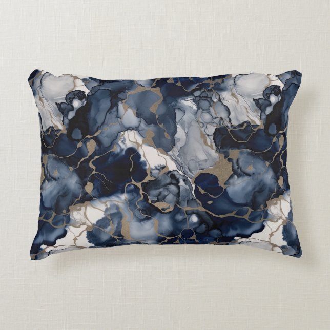 Twilight Navy Blue and Grey with Antique Gold Decorative Cushion (Front)