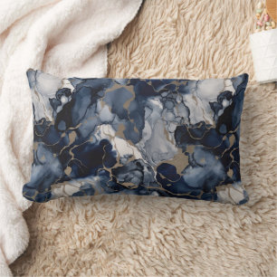 Twilight Navy Blue and Grey with Antique Gold Lumbar Cushion