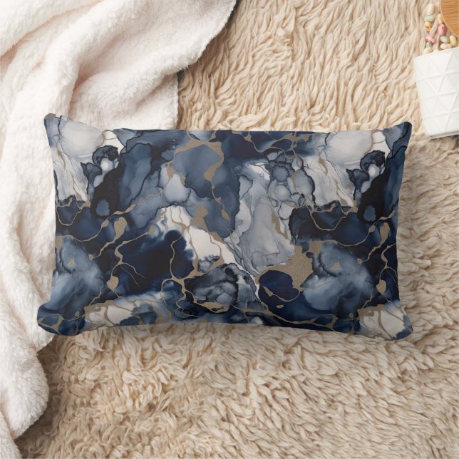 Twilight Navy Blue and Grey with Antique Gold Lumbar Cushion (Blanket)