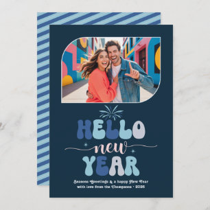 Twilight Ocean Hello New Year Blue Retro Photo Holiday Card