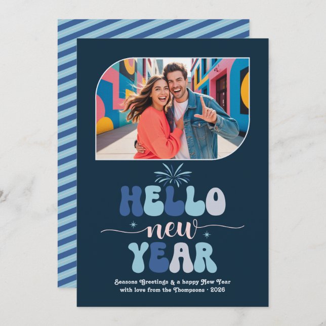 Twilight Ocean Hello New Year Blue Retro Photo Holiday Card (Front/Back)