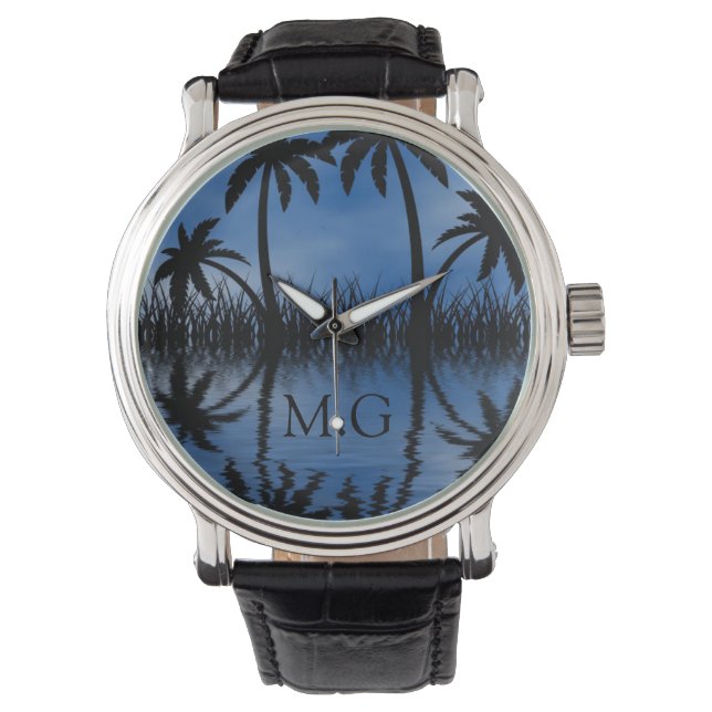 Twilight Palm Trees Silhouettes Tropical Monogram Watch (Front)