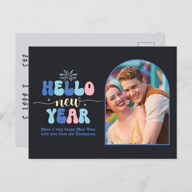 Twilight Pop New Year Retro Modern Blue Photo Holiday Postcard (Front/Back)