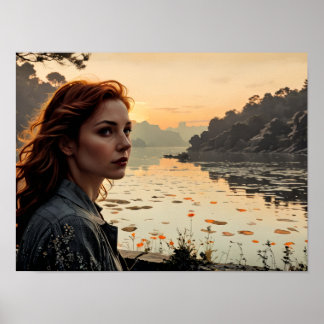 Twilight Reflections – Woman by the Lake Romantic Poster
