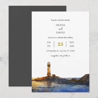 Twilight Rocky Lighthouse Watercolor Beach Wedding Invitation