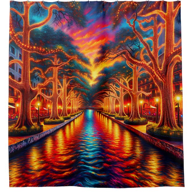 "Twilight Serenity: San Antonio Riverwalk" Shower Curtain (Front)