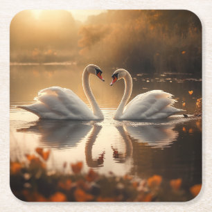 Twilight Serenity - Swans in Love Square Paper Coaster