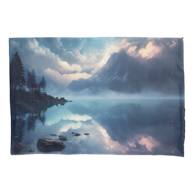 Twilight Starry Lake Mirror Celestial Symphony Pillowcase (Front)