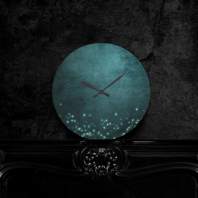 Twilight Teal | Deep Green Aqua Neon Glow Stars Round Clock (Creator Uploaded)