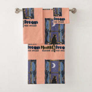 Twilight Wonder: Black Cat Under the Crescent Moon Bath Towel Set