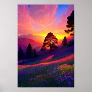 Twilight's Palette, Hill with Blooming Flowers Poster