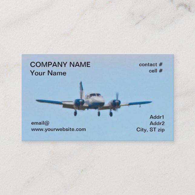 Twin aeroplane on landing approach business card (Front)