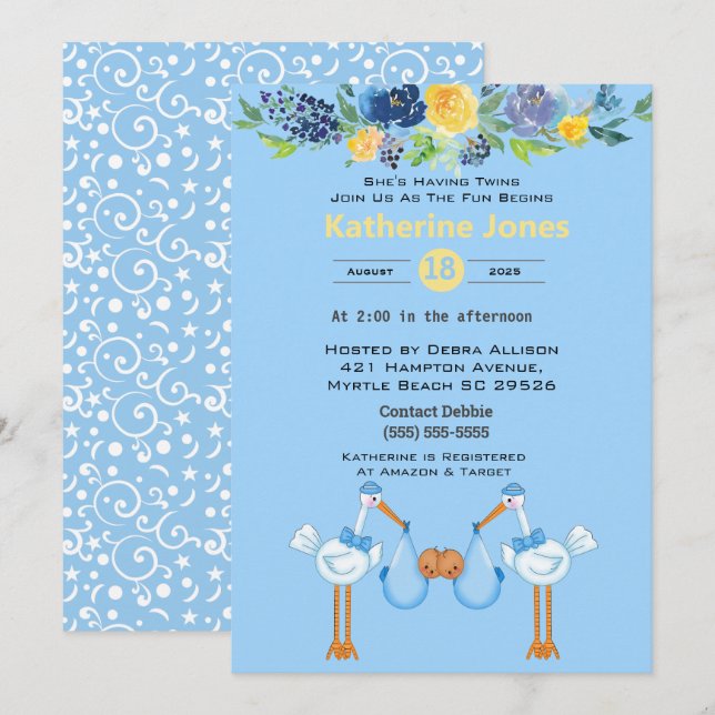 Twin African American Boys Baby Shower Invitations (Front/Back)