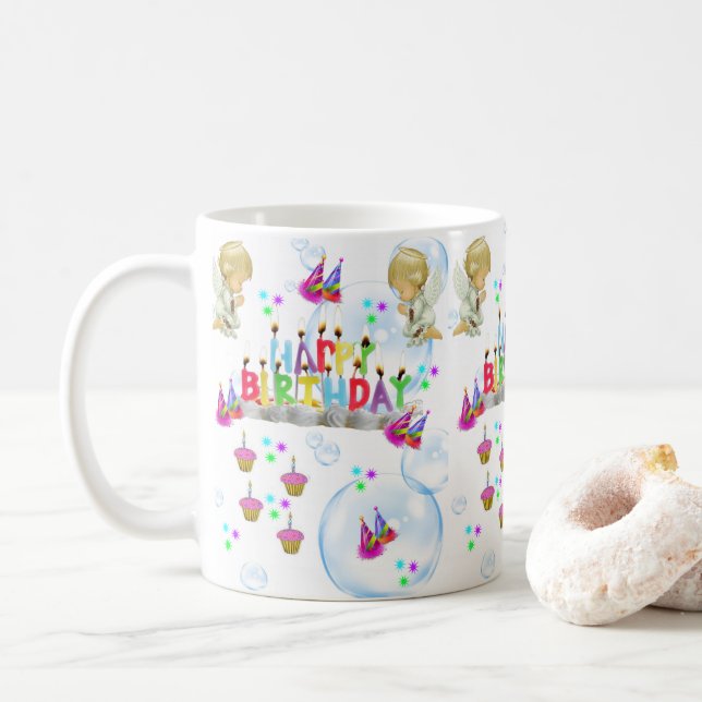 Twin Angels Mug Happy Birthday Mug (With Donut)