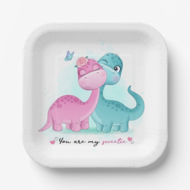 Twin Aqua and Pink Dinosaur   Paper Plate (Front)