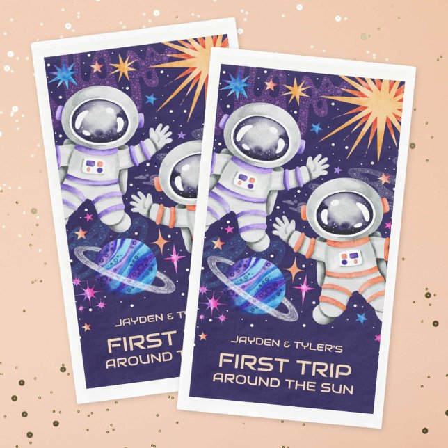 Twin Astronauts First Trip Around the Sun Space Napkin (Twin Astronauts First Trip Around the Sun Space Paper Guest Towels)