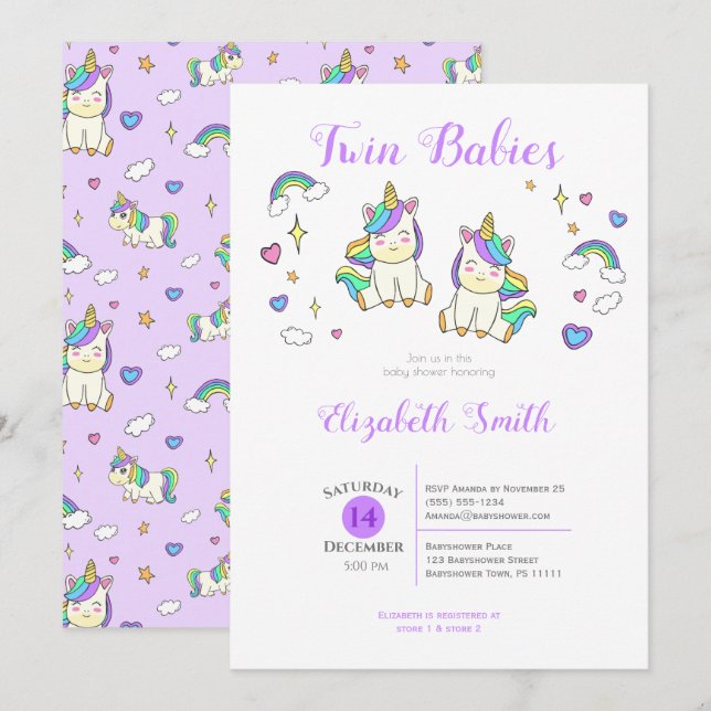 Twin Babies Cute unicorn baby shower Invitation (Front/Back)