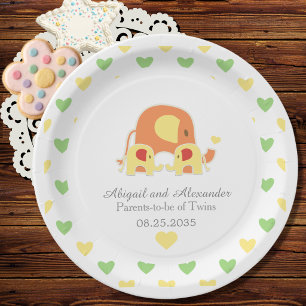 Twin Babies Elephant Theme Baby Shower Paper Plate
