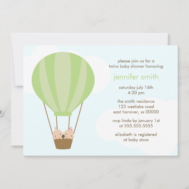 Twin Babies in a Balloon Invitation (Front)