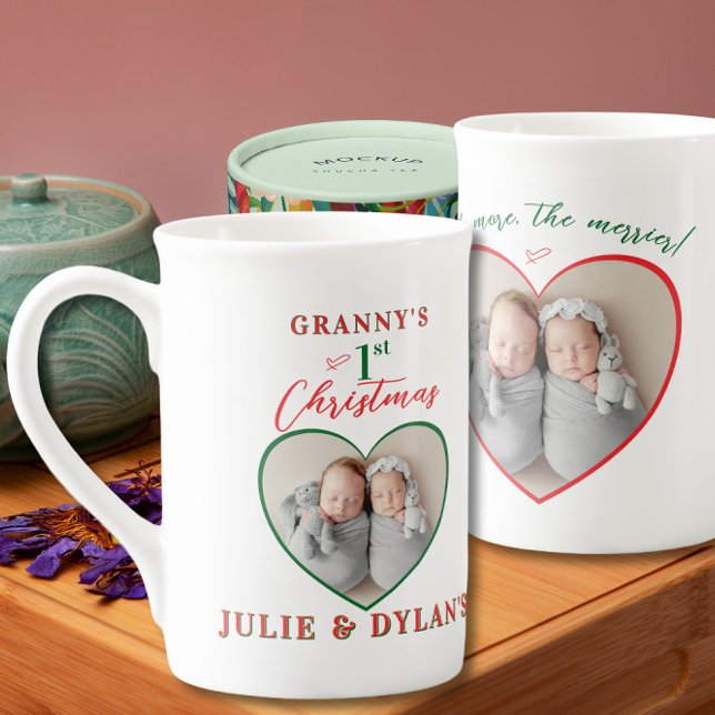 Twin Babies Merrier 1st Christmas Grandparent Gift Bone China Mug (Twin Baby Merrier 1st Christmas Grandparent Gift Bone China Mug Grandma Grandpa Aunt Uncle Godmother)
