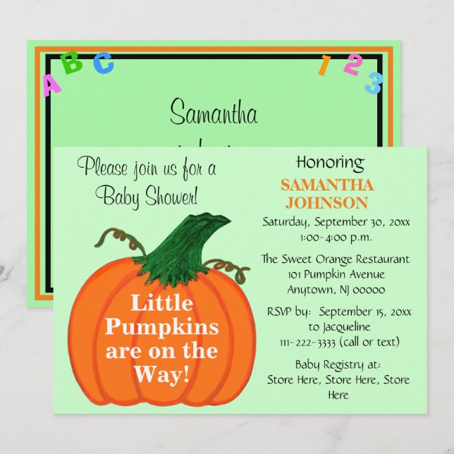 Twin Babies Pumpkin Baby Shower ABC 123 Invitation (Front/Back)