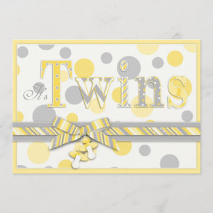 Twin Babies Yellow Grey Dots Baby Shower Invitation