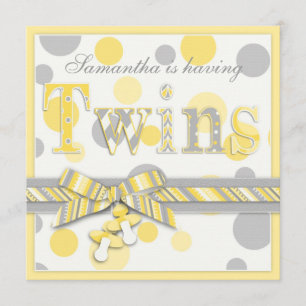 Twin Babies Yellow Grey Dots Baby Shower Invitation