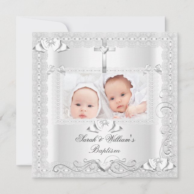 Twin Baby Baptism Girl Boy Christening White Lace Announcement (Front)