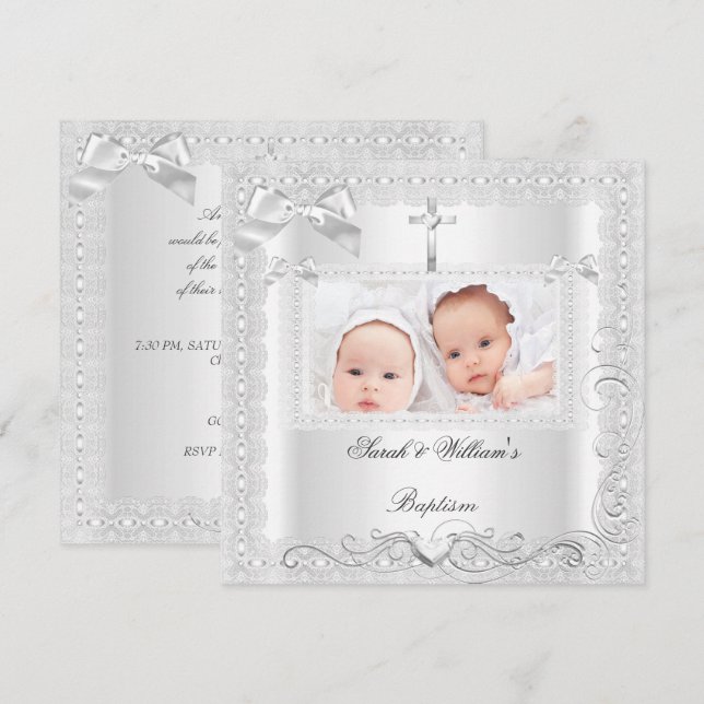 Twin Baby Baptism Girl Boy Christening White Lace Invitation (Front/Back)