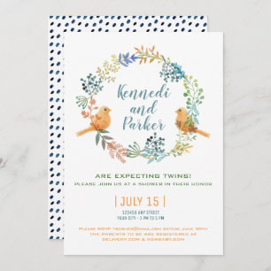 Twin Baby Birds And Flowers Baby Shower Invitation