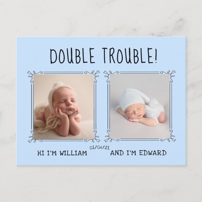 Twin baby birth announcement card, twice the love postcard (Front)