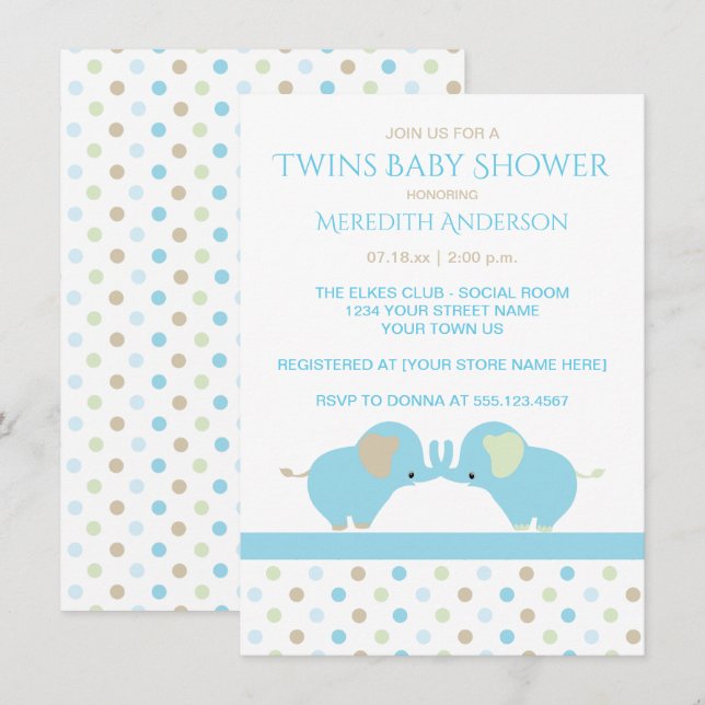 Twin Baby Boy Elephants Baby Shower Invitations (Front/Back)