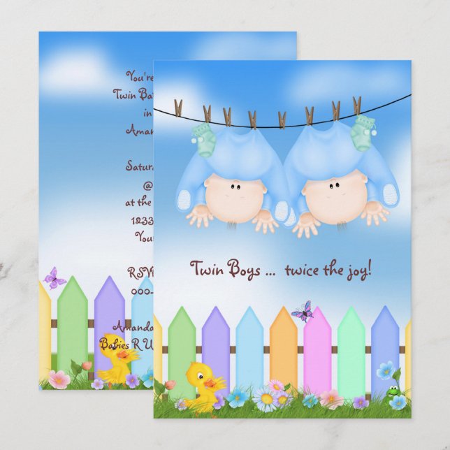 Twin Baby Boy Shower Invitation (Front/Back)