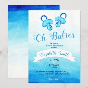 Twin baby boy water color baby shower invitation