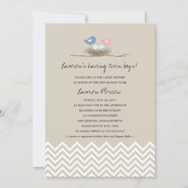 Twin Baby Boys Bird's Nest Baby Shower Invitation (Front)