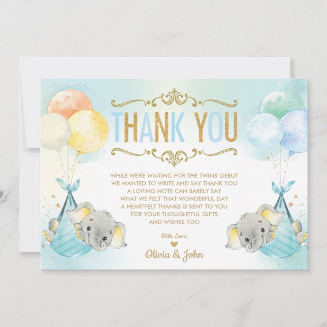 Twin Baby Boys Elephant Baby Shower Sprinkle Thank You Card (Front)