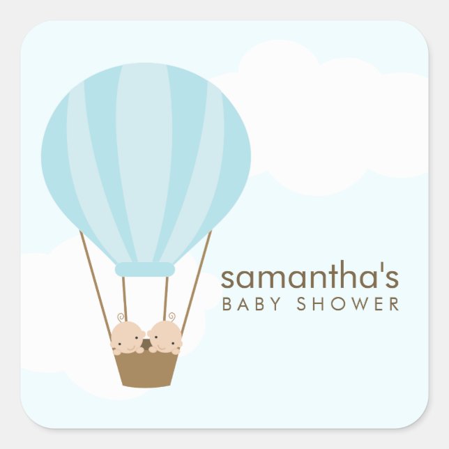 Twin Baby Boys in Balloon Baby Shower Square Sticker (Front)
