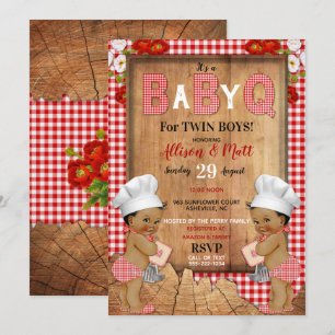 Twin Baby Boys Red Gingham Wood Baby Q Barbecue Invitation