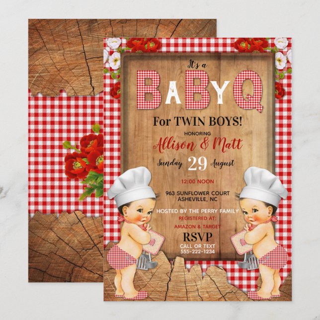 Twin Baby Boys Red Gingham Wood Baby Q Barbecue Invitation (Front/Back)