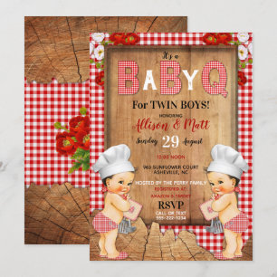 Twin Baby Boys Red Gingham Wood Baby Q Barbecue Invitation