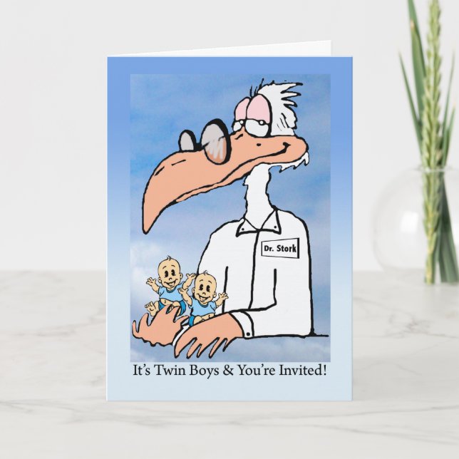 Twin Baby Boys Shower Invitation, Dr. Stork Invitation (Front)
